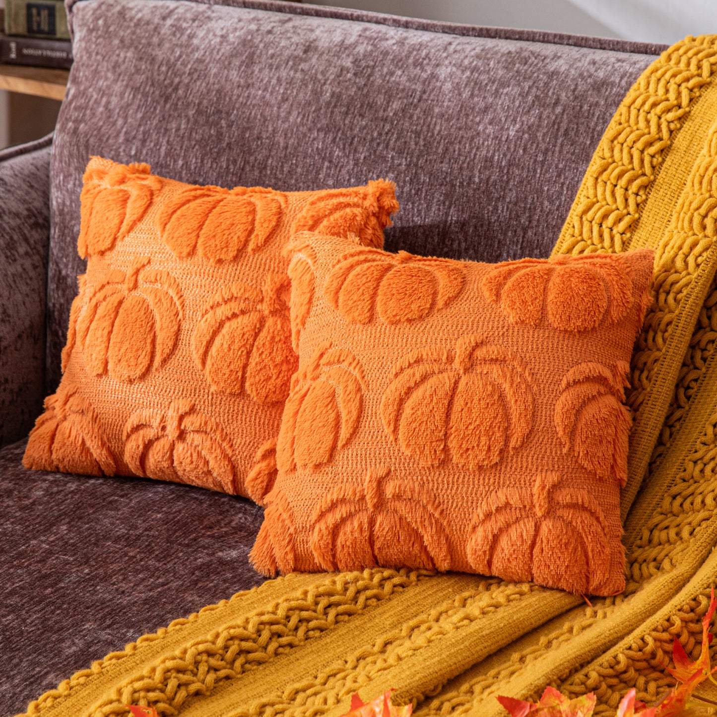 COSIBONO Pumpkin Fall Decorative Throw Pillow Covers Orange Soft Faux Fur Pillow Covers for Autumn Harvest, Fluffy Plush Accent Pillow Cases for Farmhouse Couch Cushion Covers