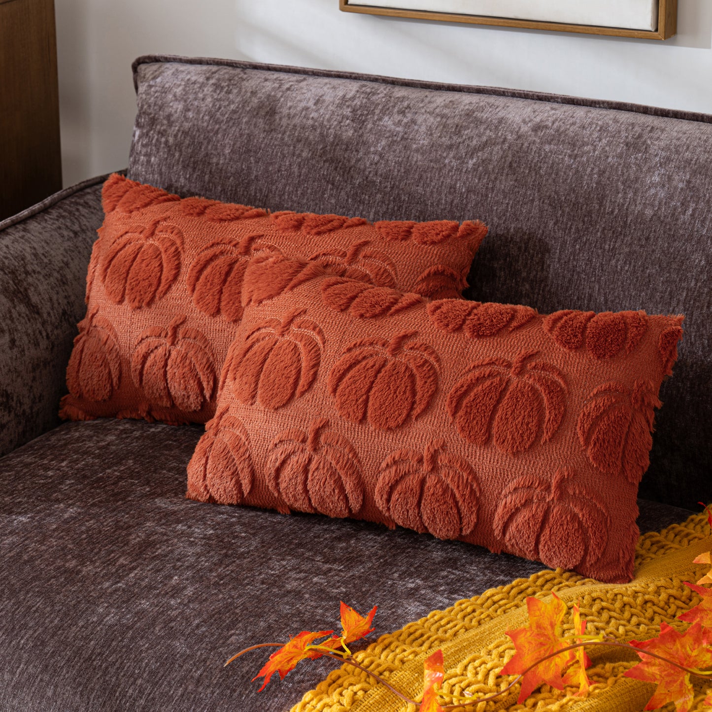 COSIBONO Pumpkin Fall Decorative Throw Pillow Covers Caramel Soft Faux Fur Pillow Covers for Autumn Harvest, Fluffy Plush Accent Pillow Cases for Farmhouse Couch Cushion Covers