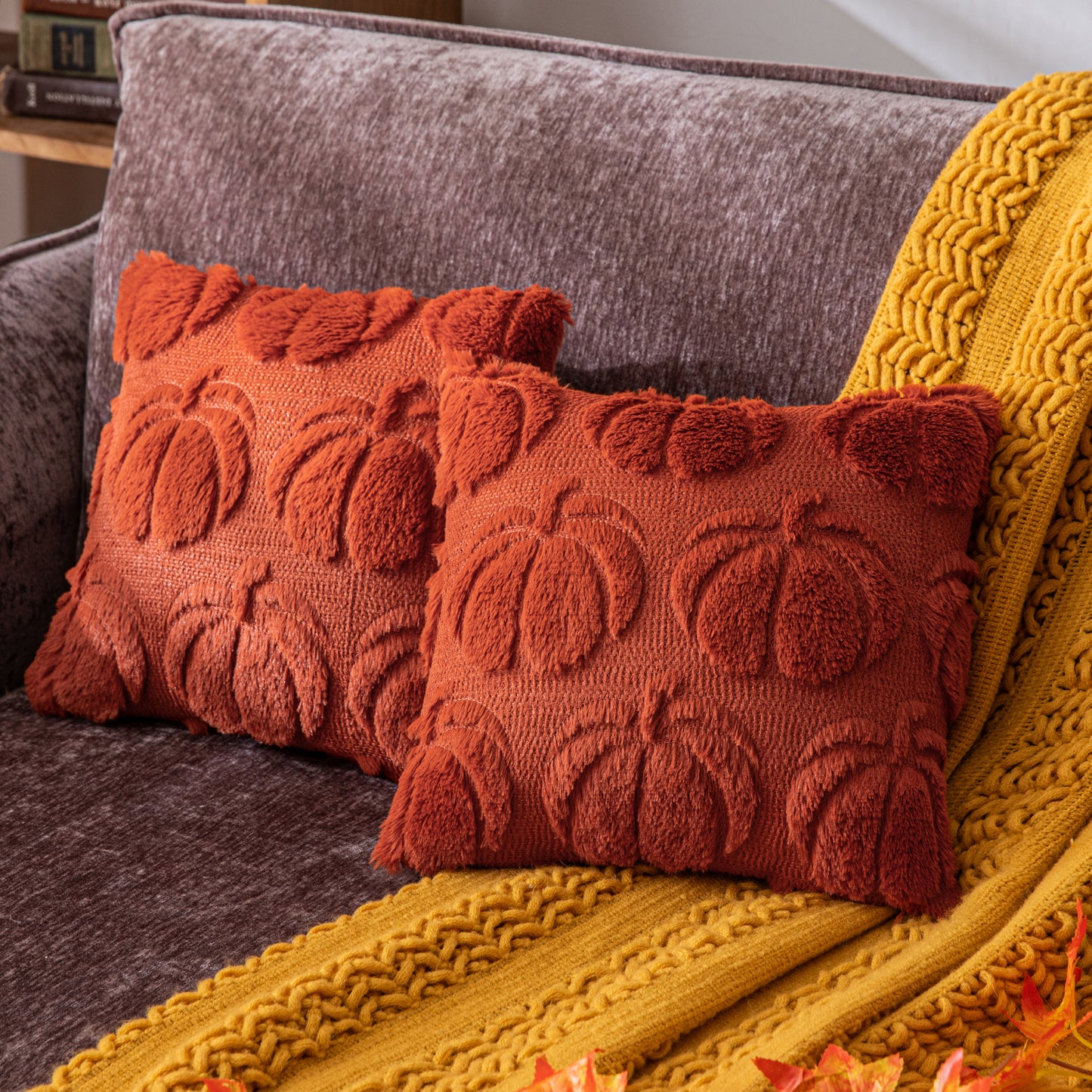 COSIBONO Pumpkin Fall Decorative Throw Pillow Covers Caramel Soft Faux Fur Pillow Covers for Autumn Harvest, Fluffy Plush Accent Pillow Cases for Farmhouse Couch Cushion Covers