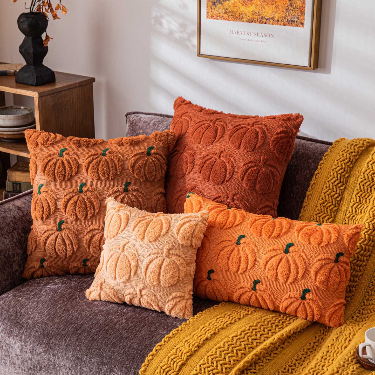 COSIBONO Pumpkin Fall Decorative Throw Pillow Covers Caramel Soft Faux Fur Pillow Covers for Autumn Harvest, Fluffy Plush Accent Pillow Cases for Farmhouse Couch Cushion Covers