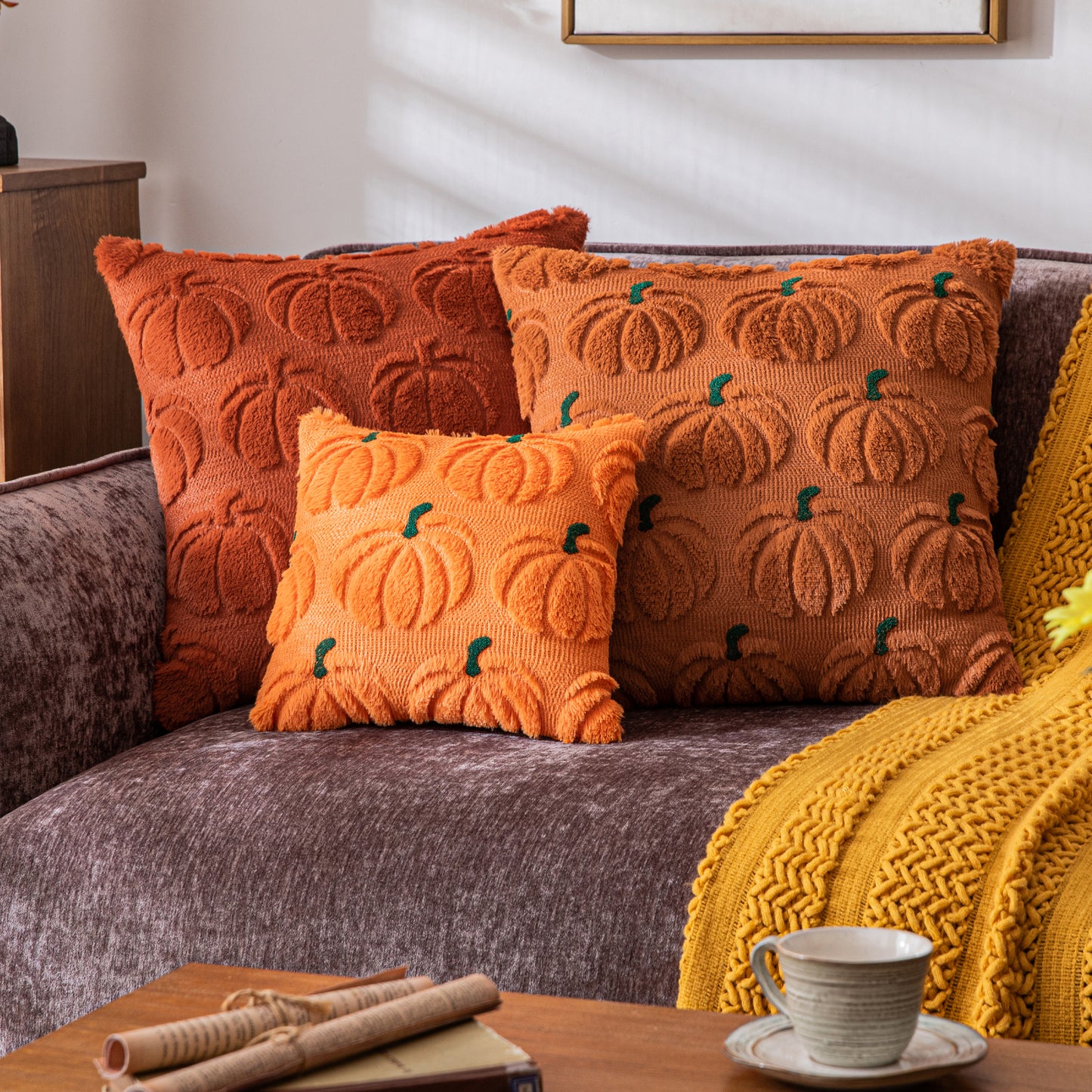COSIBONO Pumpkin Fall Decorative Throw Pillow Covers Caramel Soft Faux Fur Pillow Covers for Autumn Harvest, Fluffy Plush Accent Pillow Cases for Farmhouse Couch Cushion Covers