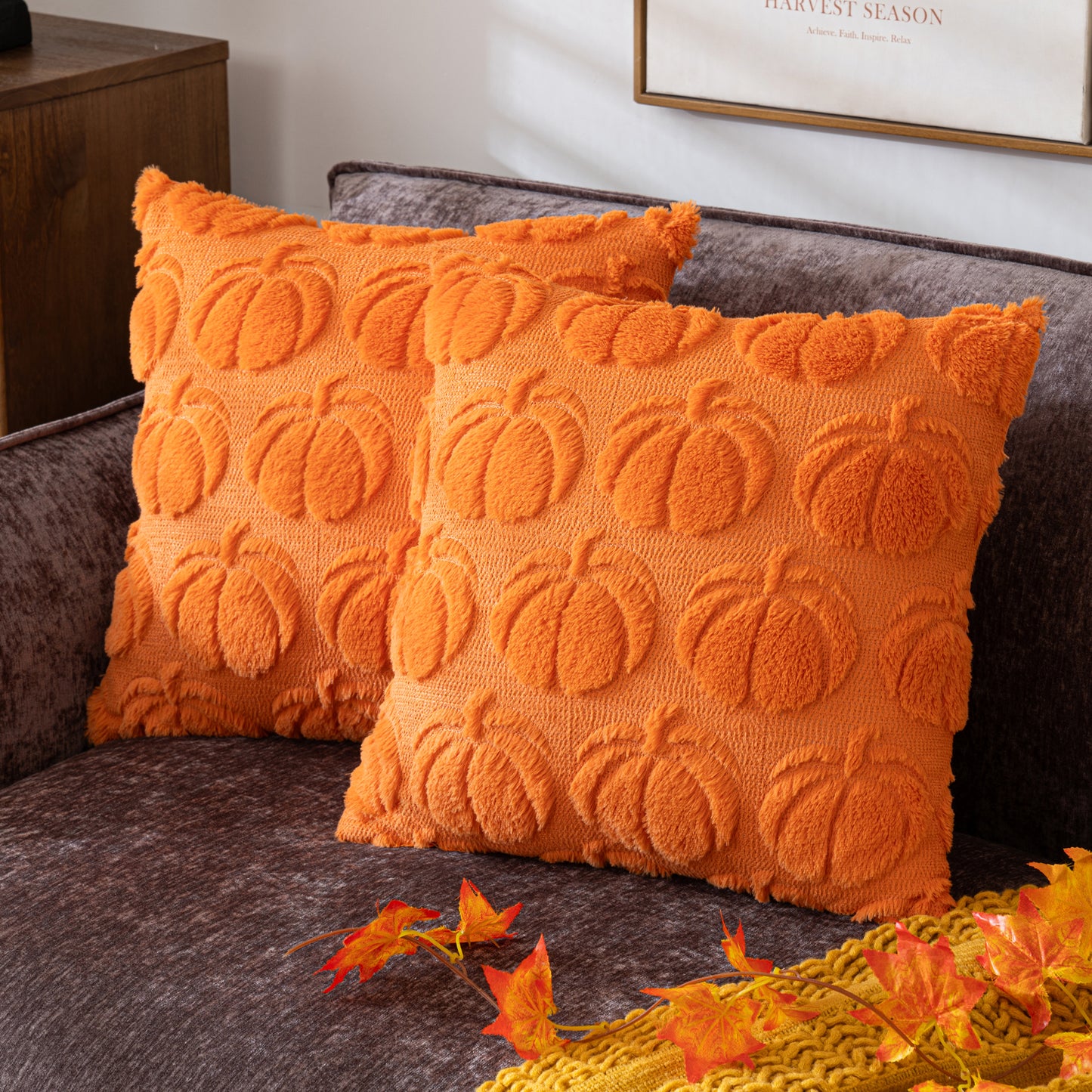 COSIBONO Pumpkin Fall Decorative Throw Pillow Covers Orange Soft Faux Fur Pillow Covers for Autumn Harvest, Fluffy Plush Accent Pillow Cases for Farmhouse Couch Cushion Covers