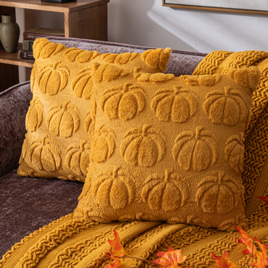 COSIBONO Pumpkin Fall Decorative Throw Pillow Covers Mustard Yellow Soft Faux Fur Pillow Covers for Autumn Harvest, Fluffy Plush Accent Pillow Cases for Farmhouse Couch Cushion Covers