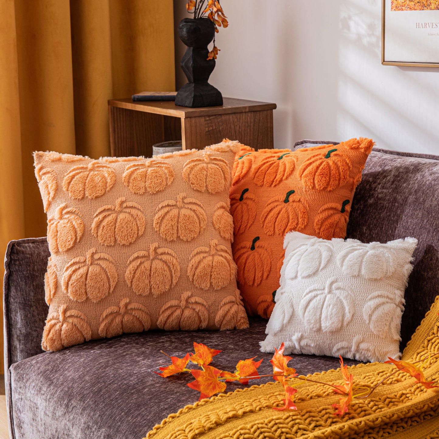 COSIBONO Pumpkin Fall Decorative Throw Pillow Covers Orange Soft Faux Fur Pillow Covers for Autumn Harvest, Fluffy Plush Accent Pillow Cases for Farmhouse Couch Cushion Covers